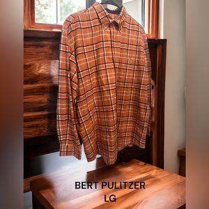 BERT PULITZER, LG, ORANGE/BROWN/GREEN, BUTTON DOWN. EXCELLENT CONDITION